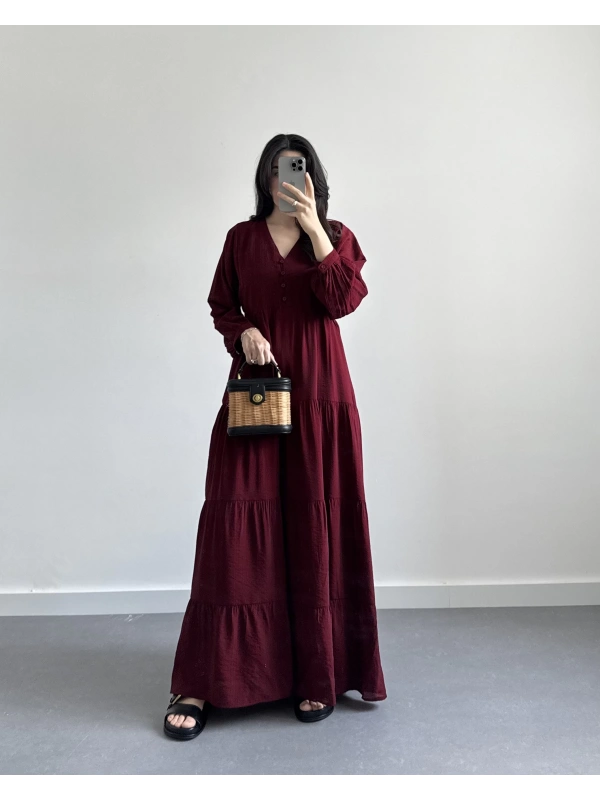 PİELA BORDO TENSEL UZUN ELBİSE