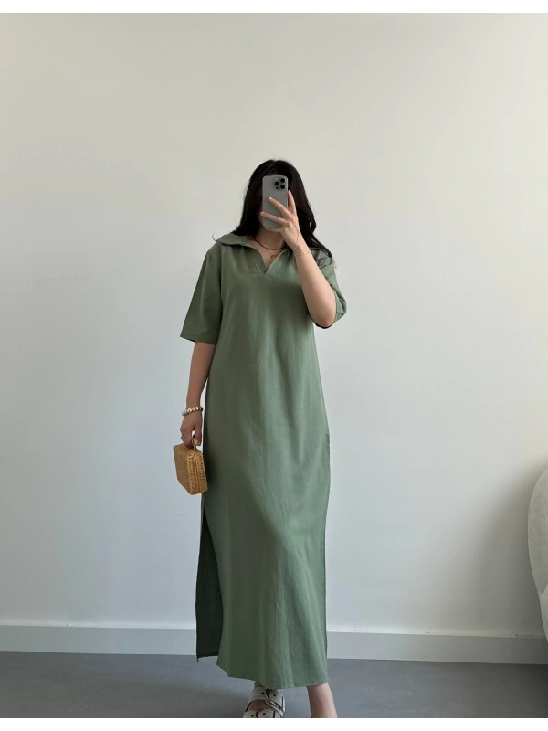 Polo yaka haki keten elbise