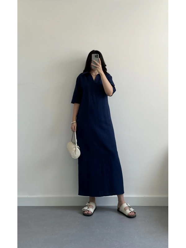 Polo yaka lacivert keten elbise