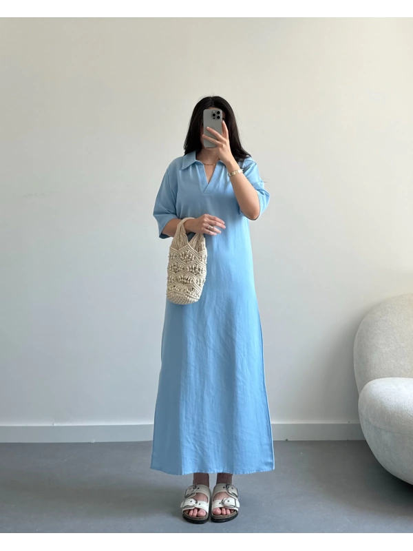 Polo yaka mavi keten elbise