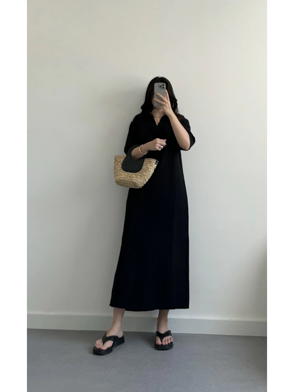 Polo yaka siyah keten elbise
