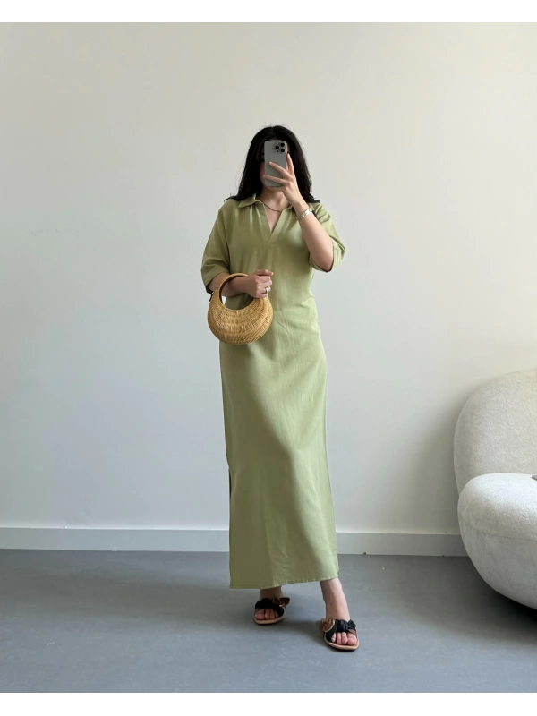 Polo yaka yağ yeşil elbise