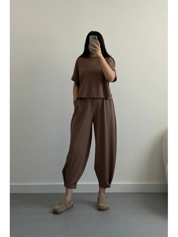 Premium Kahve modal kumaş şalvar model takım