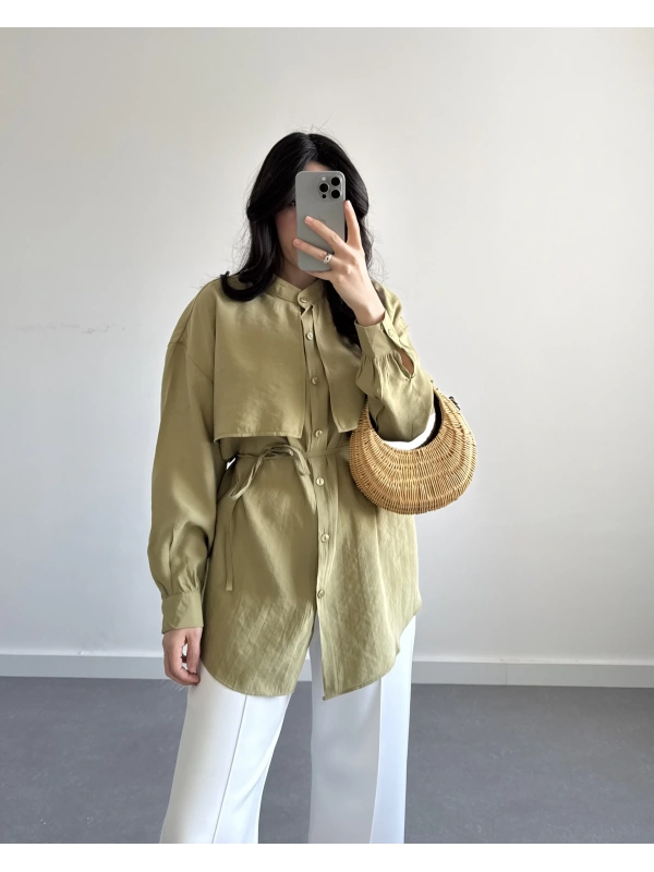 PREMİUM MODAL KEMERLİ GÖMLEK YAĞ YEŞİL