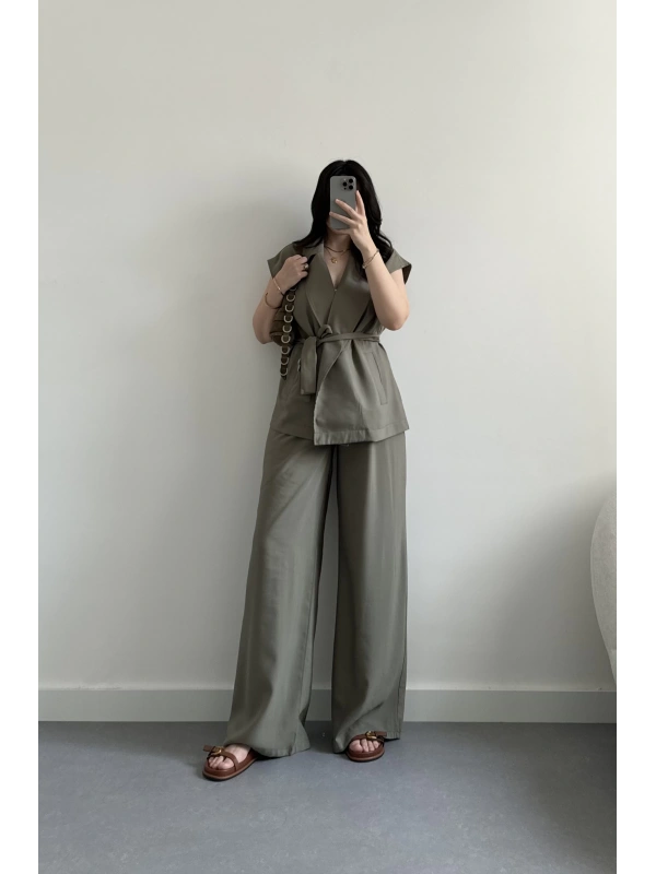 ZR model Premium haki uzun yelekli takım