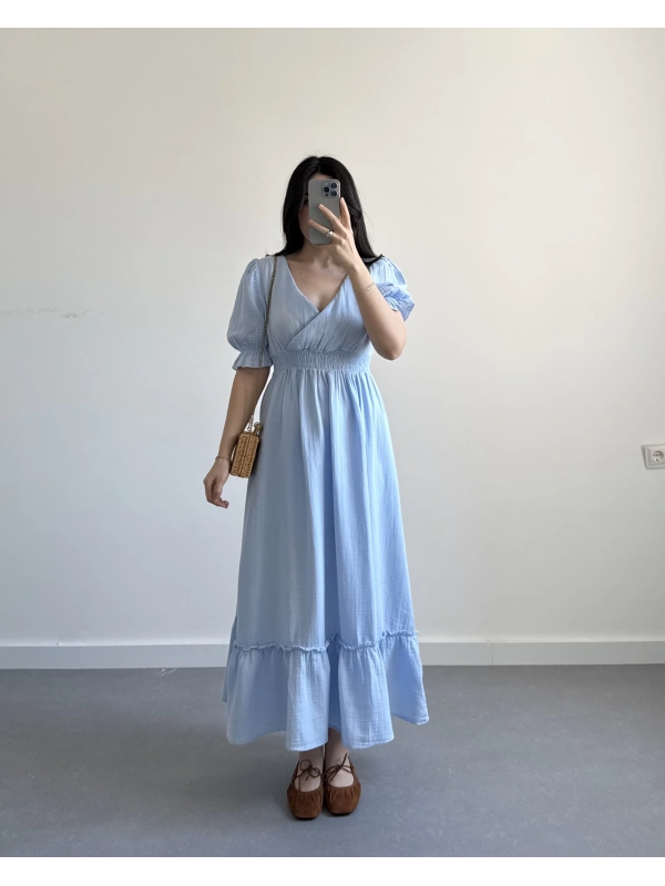 RUİS BEBE MAVİ KURUVAZE YAKA MÜSLİN ELBİSE