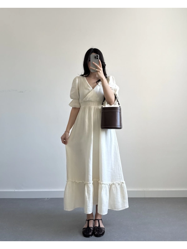 RUİS BEJ KURUVAZE YAKA MÜSLİN ELBİSE