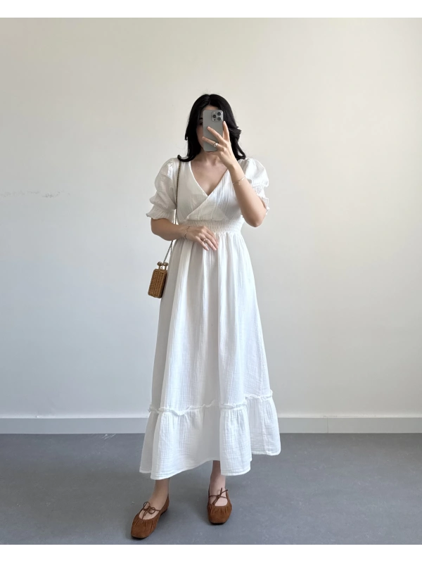 RUİS BEYAZ KURUVAZE YAKA MÜSLİN ELBİSE