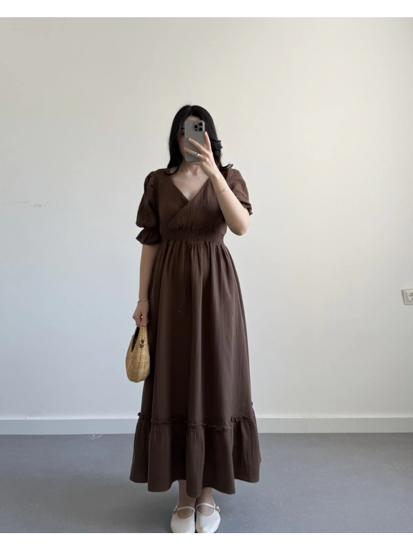 RUİS KAHVE KURUVAZE YAKA MÜSLİN ELBİSE