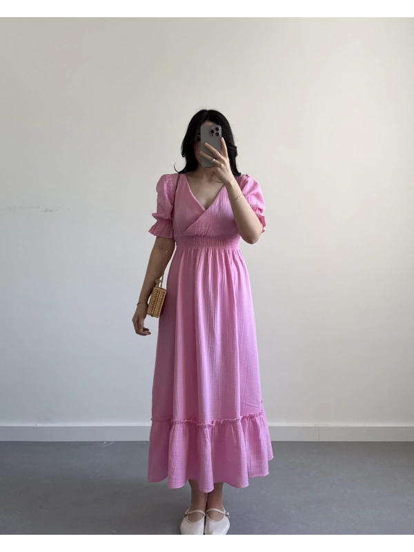 RUİS PEMBE KURUVAZE YAKA MÜSLİN ELBİSE