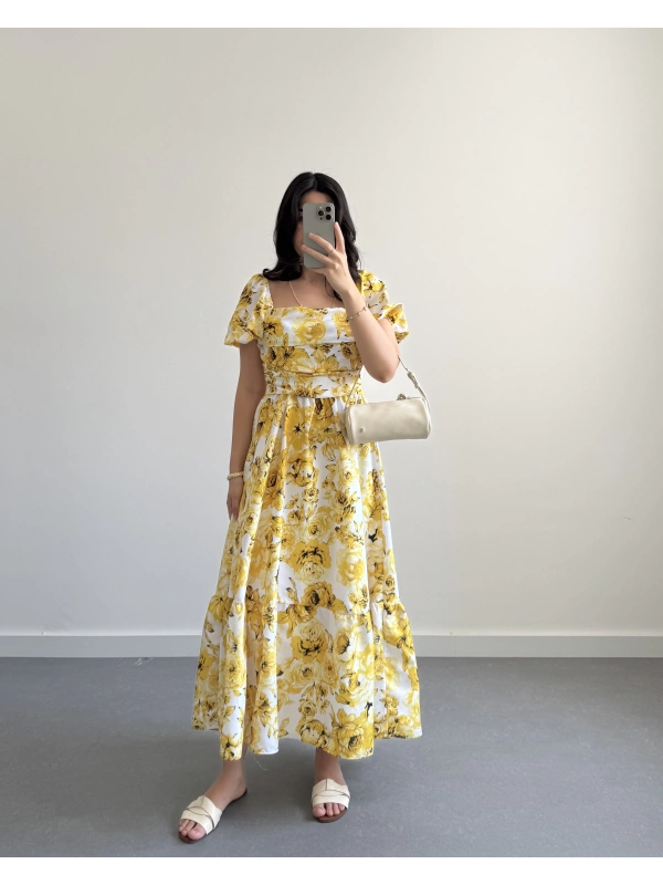 SARI ÇİÇEKLİ MİDİ BOY ELBİSE
