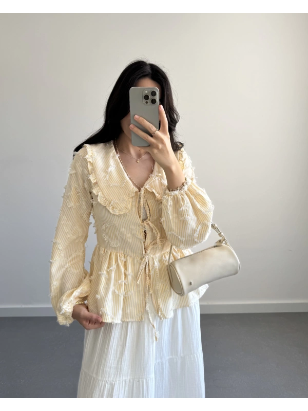SARI ÇİZGİLİ BEBE YAKA PÜSKÜL BLUZ