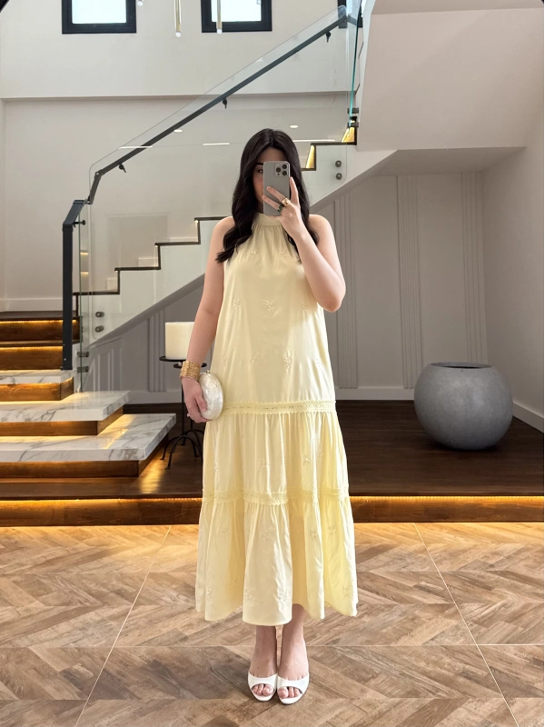 SARI GÜPÜR DETAY KAT KAT ELBİSE-9614