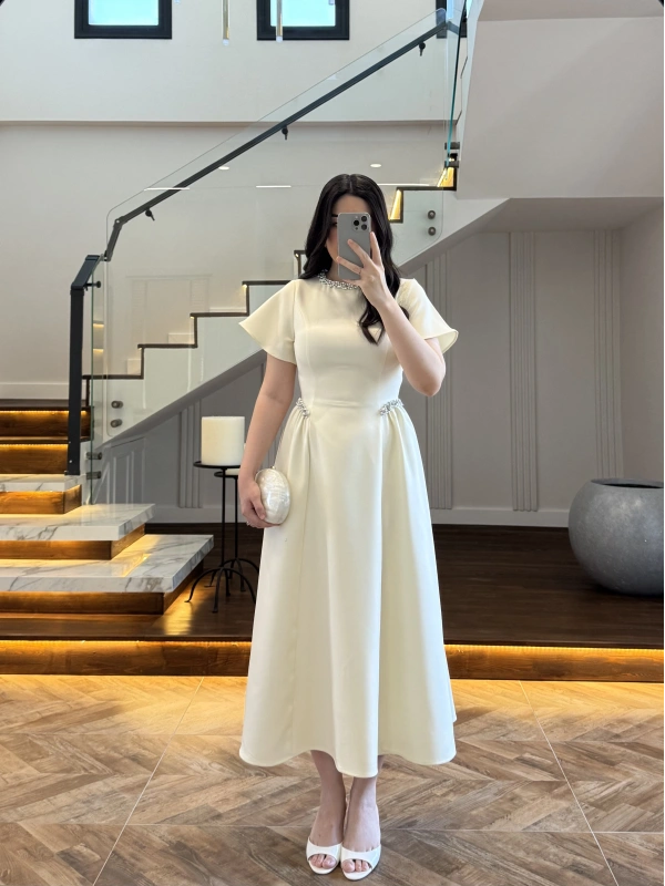 (ÖN SİPARİŞ)SARI TAŞ DETAY ELBİSE -EU3220