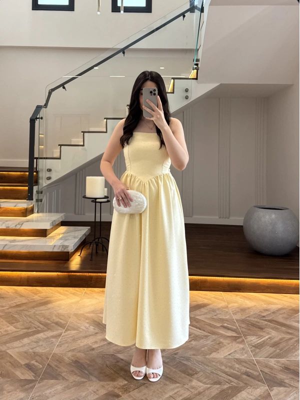 (ÖN SİPARİŞ )SARI TAŞLI KUŞAKLI ELBİSE -3970