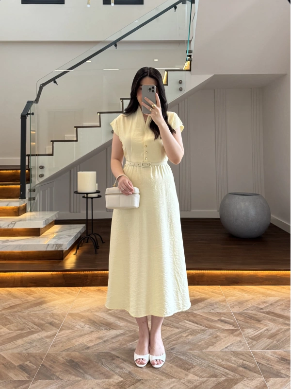 SARI TENSEL CEPLİ KEMERLİ ELBİSE -3440