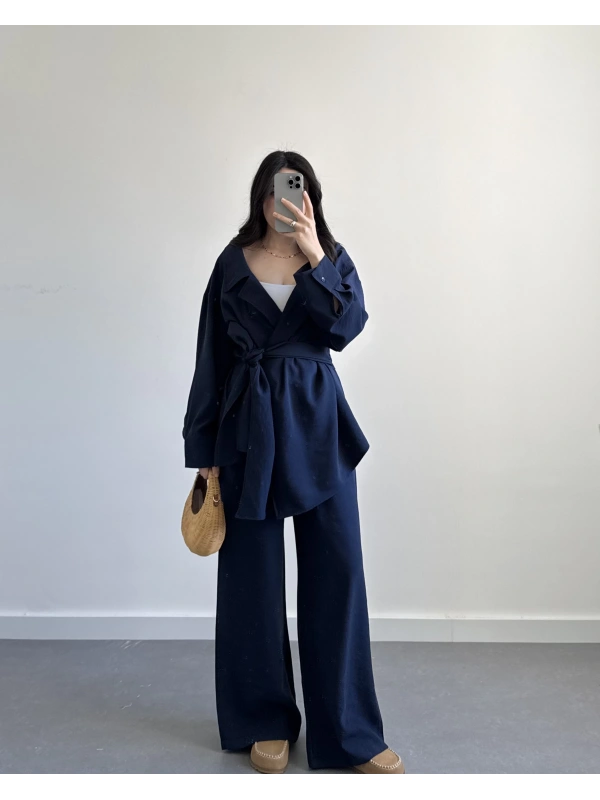 SETRA LACİVERT TASARIM KUŞAKLI İKİLİ TAKIM