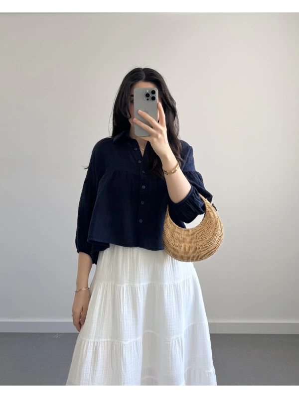 SHAY MÜSLİN LACİVERT CROP GÖMLEK