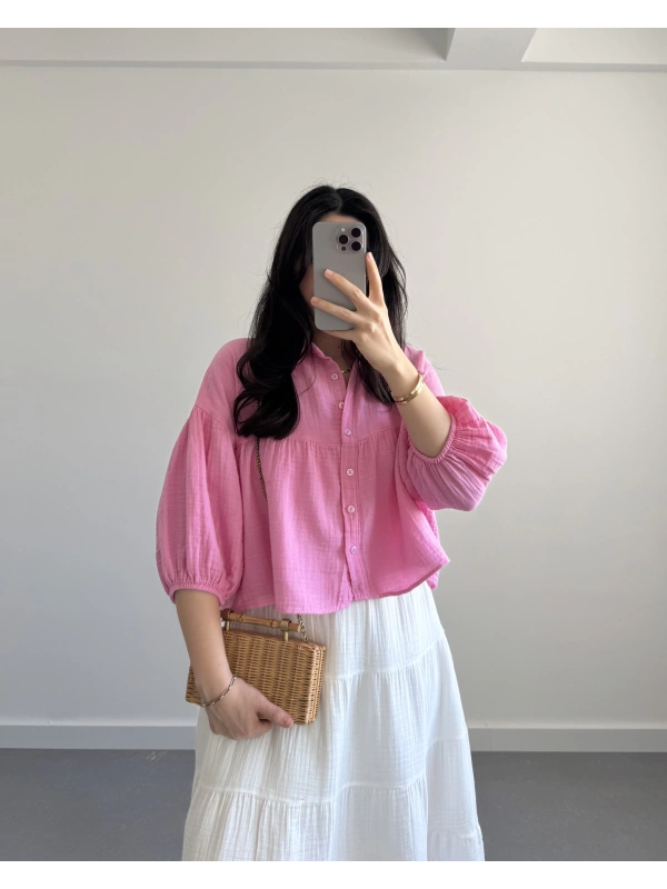 SHAY MÜSLİN PEMBE CROP GÖMLEK