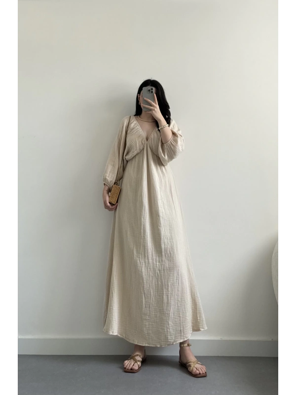 Bej Sırt dekolteli müslin kumaş elbise