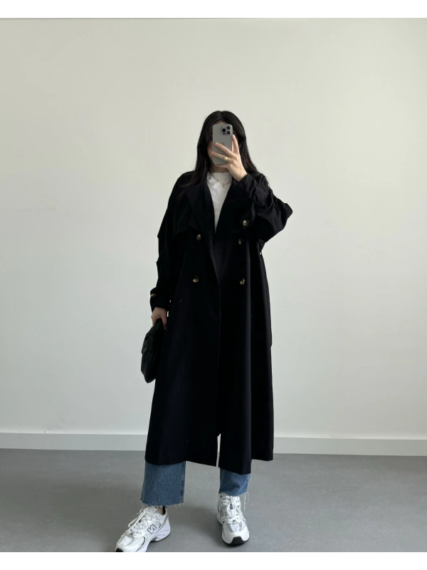 SİYAH ASTARSIZ UZUN TRENÇKOT