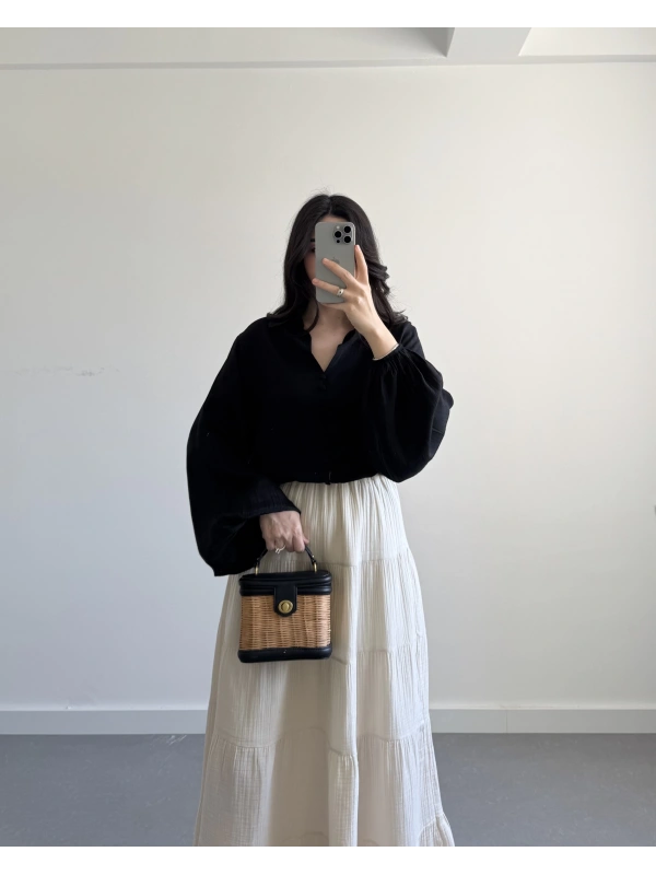 SİYAH BALON KOL GÖMLEK BLUZ