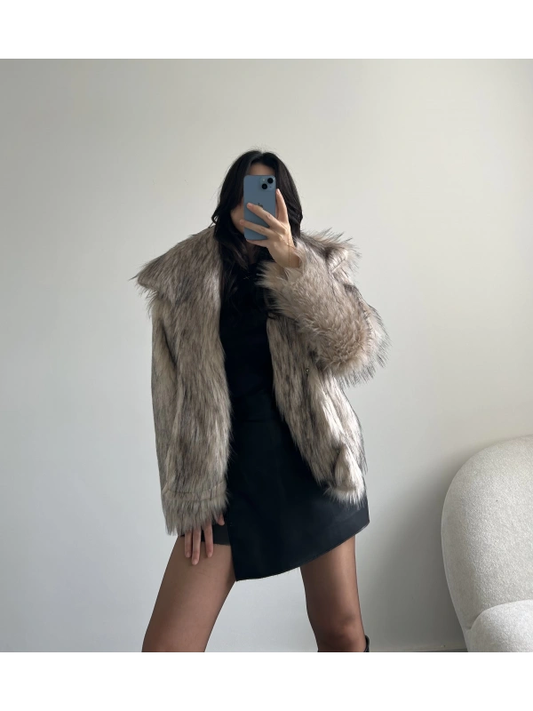 SİYAH BEJ PREMİUM SUNİ KÜRK CEKET