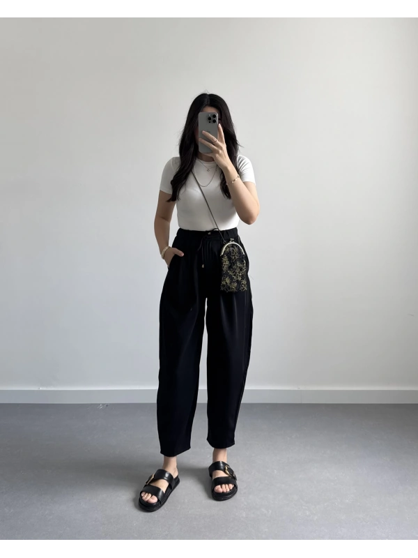 SİYAH BEL BAĞLAMALI ŞALVAR PANTOLON