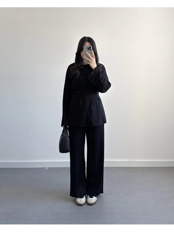 SİYAH BELİ KUŞAKLI PİLELİ MODAL TAKIM