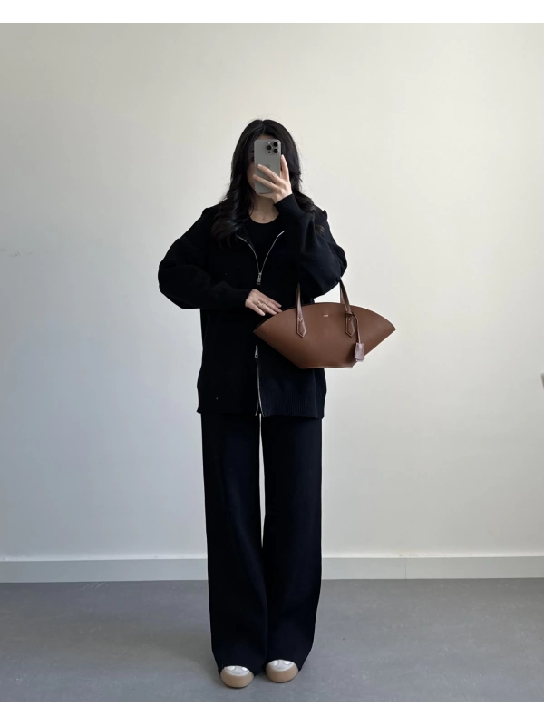 SİYAH ÇELİK ÖRME CEKETLİ İKİLİ TAKIM