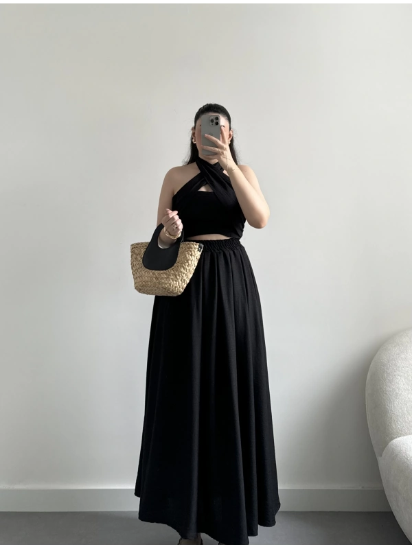 Siyah crop etekli ikili takım