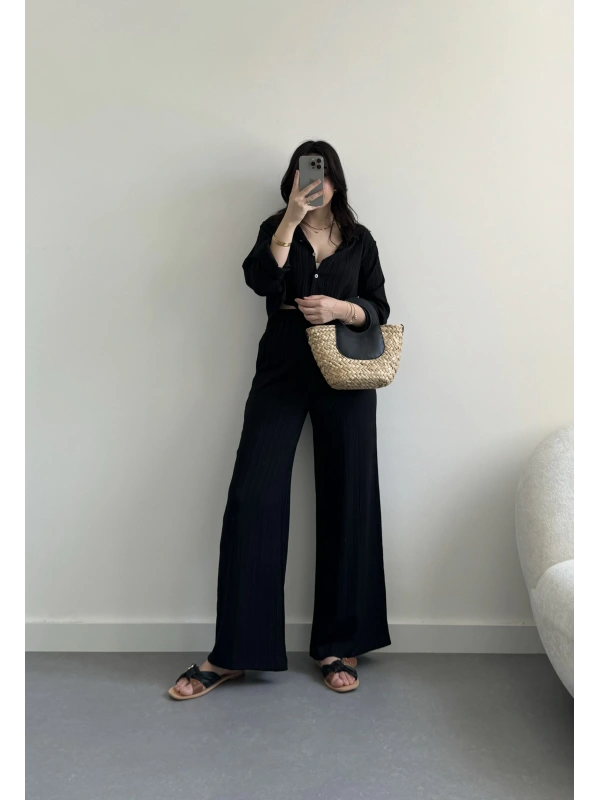 Siyah crop gömlek takım