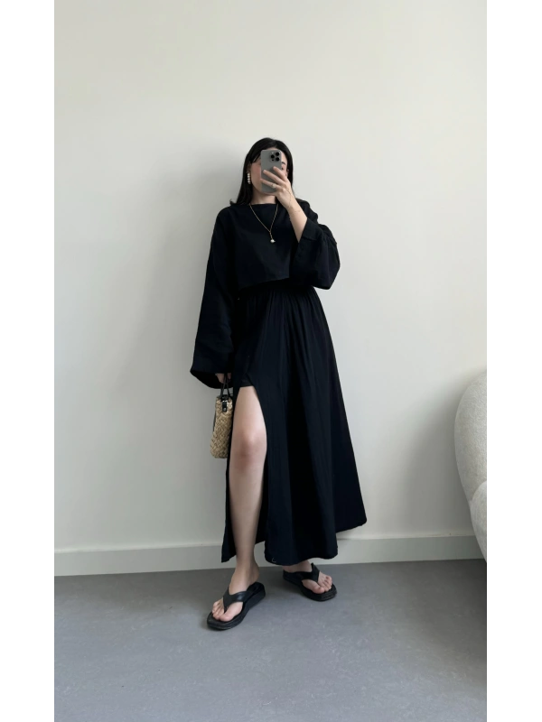 Siyah keten etekli ikili takım