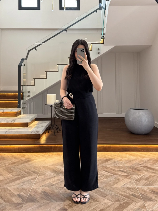 SİYAH HALTER YAKA BLUZ TAKIM-9160