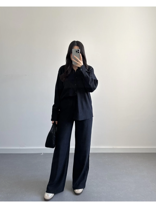 SİYAH KADİFEMSİ DOKULU GÖMLEK TAKIM