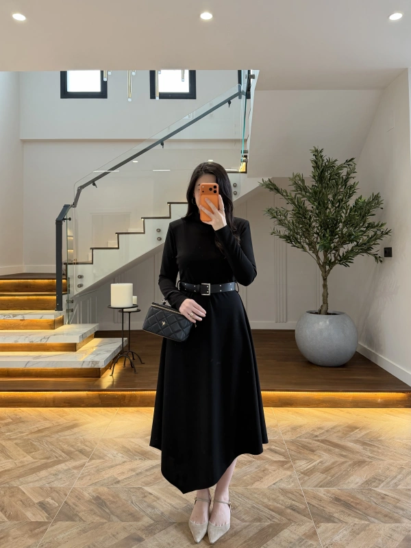 SİYAH KEMERLİ MİDİ ELBİSE-4228