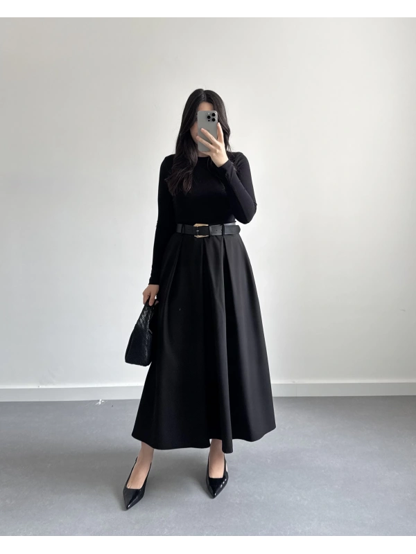 SİYAH KEMERLİ POLİVİSKON ETEK