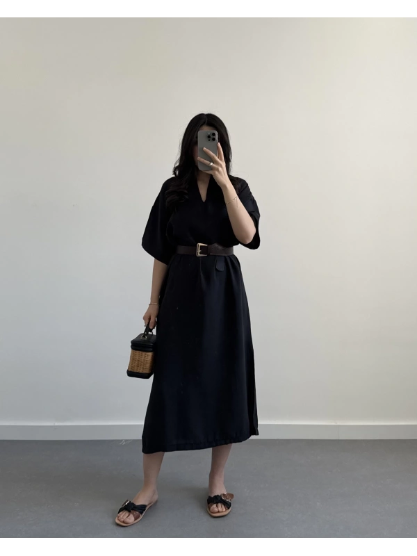 SİYAH KEMERLİ PREMİUM TENSEL ELBİSE