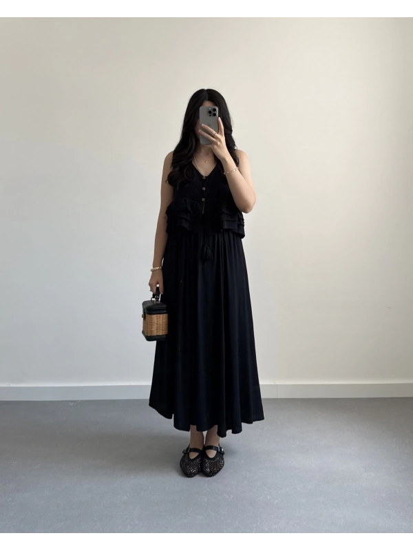 SİYAH KETEN GOFRE NAKIŞLI TASARIM ETEK TAKIM