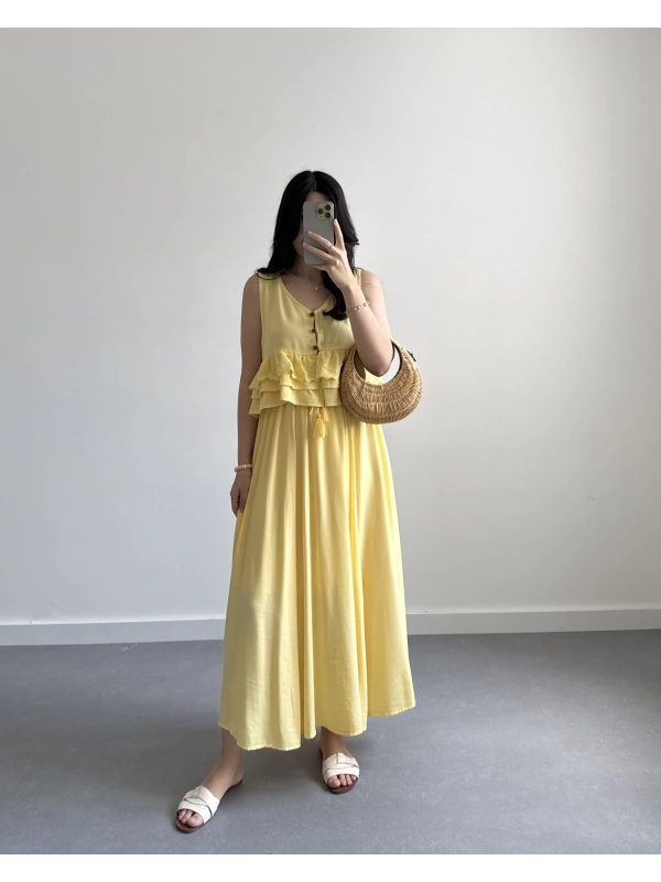 SARI KETEN GOFRE NAKIŞLI TASARIM ETEK TAKIM