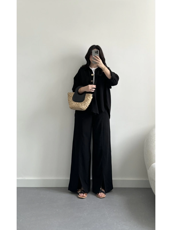 Siyah keten yırtmaçlı gömlek takım