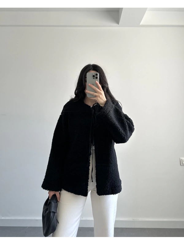 SİYAH ÖNÜ BAĞLAMALI TEDDY CEKET