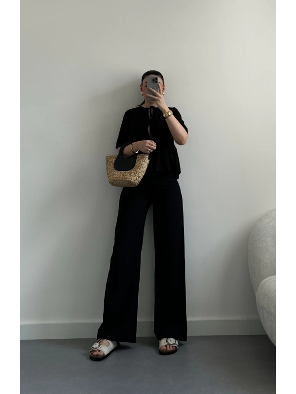 Siyah önü bağlamalı tensel gömlek takım