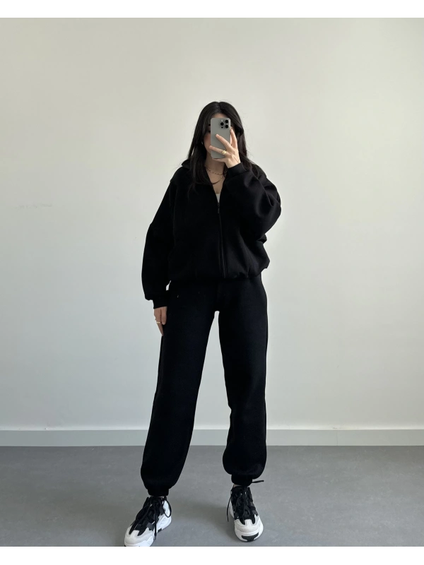 SİYAH OVERSİZE HIRKALI EŞOFMAN TAKIMI