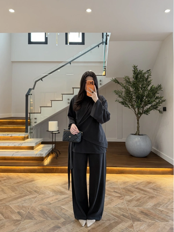 SİYAH PARÇALI TASARIM BLUZ PANT TAKIM-9257