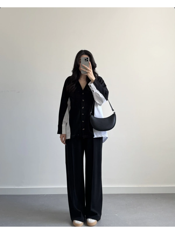 SİYAH POPLİN DETAYLI TRİKO TAKIM