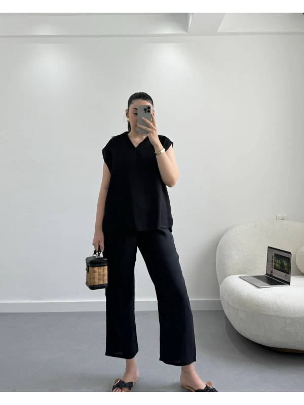 Siyah Sıfır Kol Keten Bluz Takım