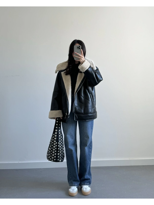 SİYAH SUNİ DERİ KÜRKLÜ MONT