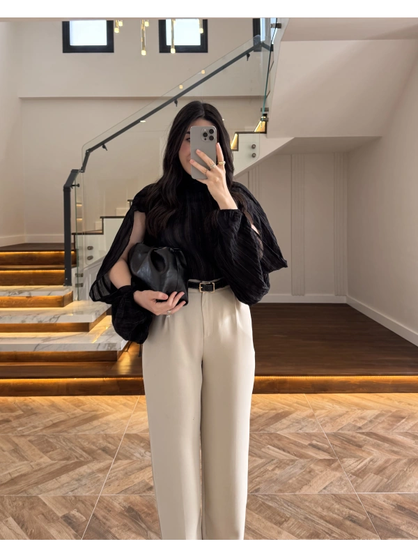 SİYAH TASARIM BALON KOL BLUZ -5415