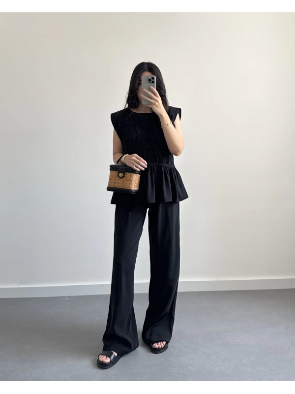 SİYAH TENSEL LAYERLİ BLUZ TAKIM